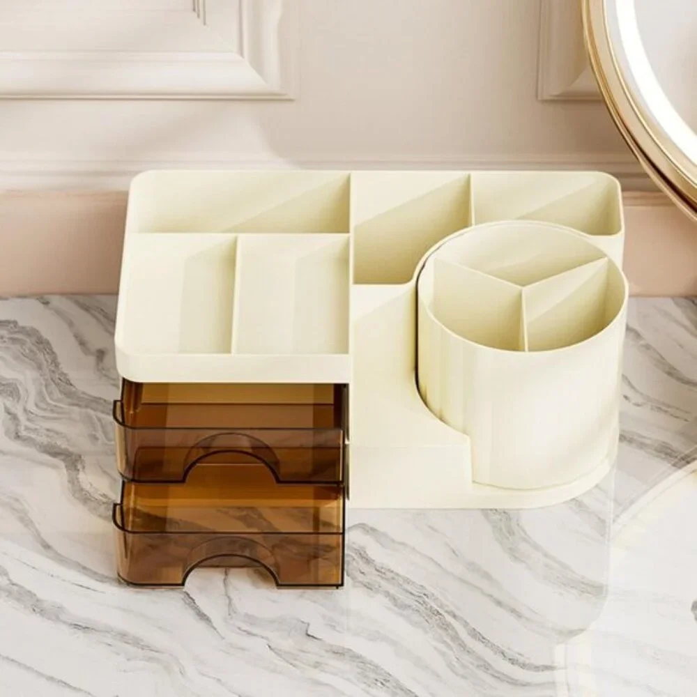 New Cream Makeup Organizer, 2-Drawer Vanity Storage with Rotating Brush Holder